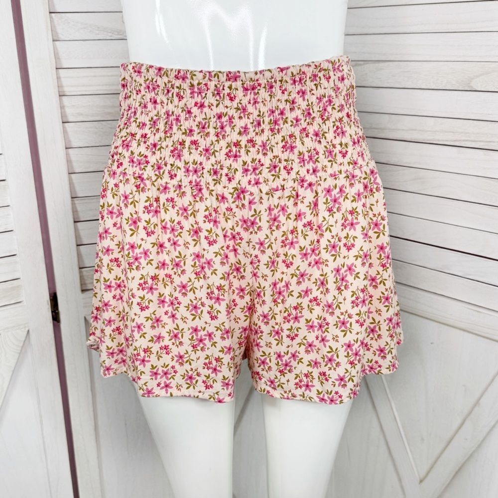 Soho Lady Floral Smocked High Waist Skort Shorts Pink Medium